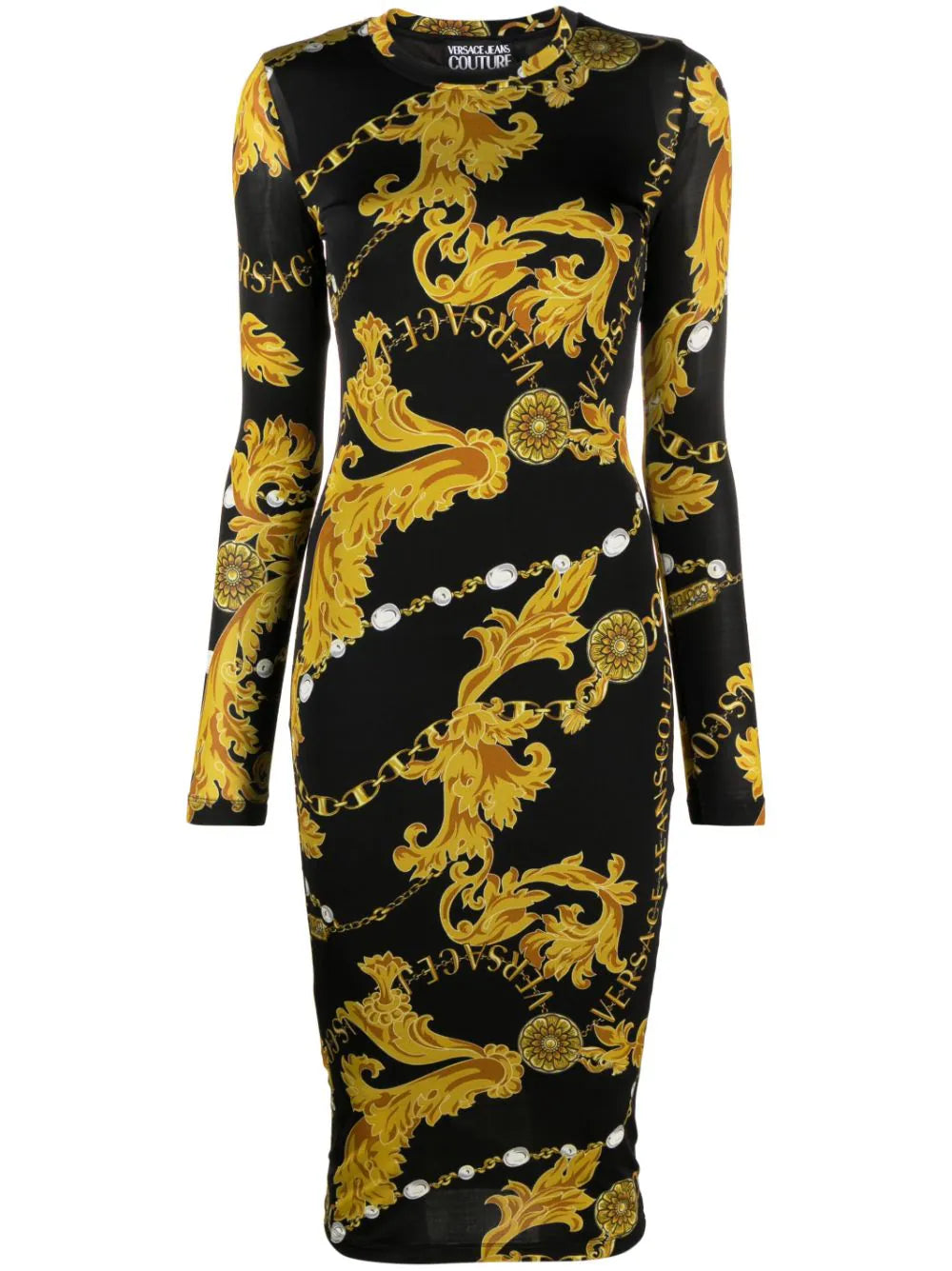 VERSACE WOMEN Baroque-print Midi Dress Black/Gold - MAISONDEFASHION.COM