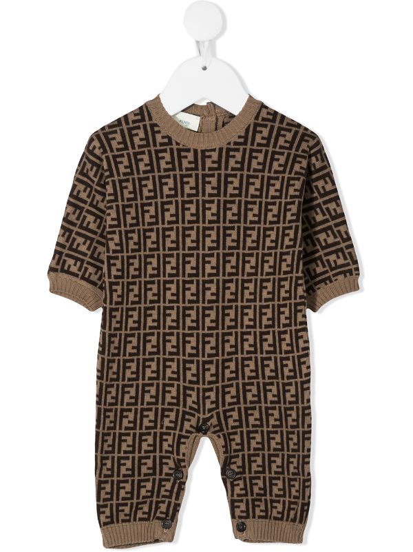 FENDI BABY FF Intarsia-knit Romper Brown/Black - MAISONDEFASHION.COM