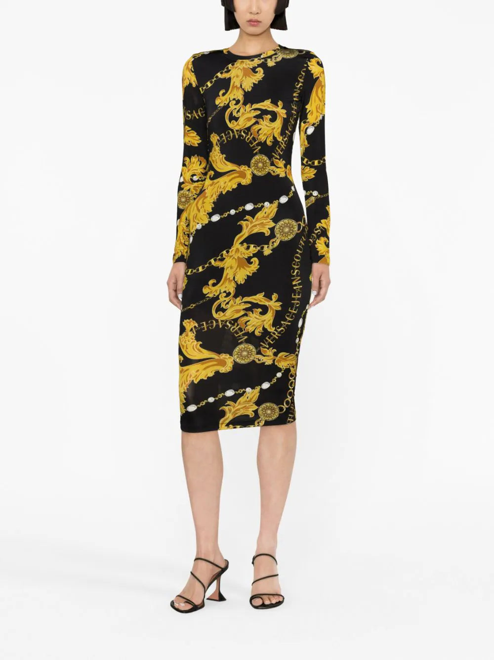 VERSACE WOMEN Baroque-print Midi Dress Black/Gold - MAISONDEFASHION.COM