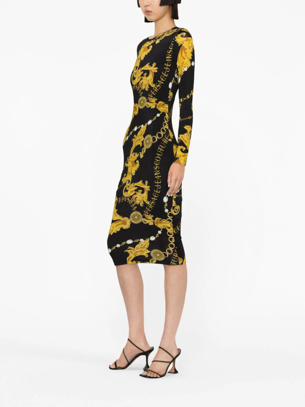 VERSACE WOMEN Baroque-print Midi Dress Black/Gold - MAISONDEFASHION.COM