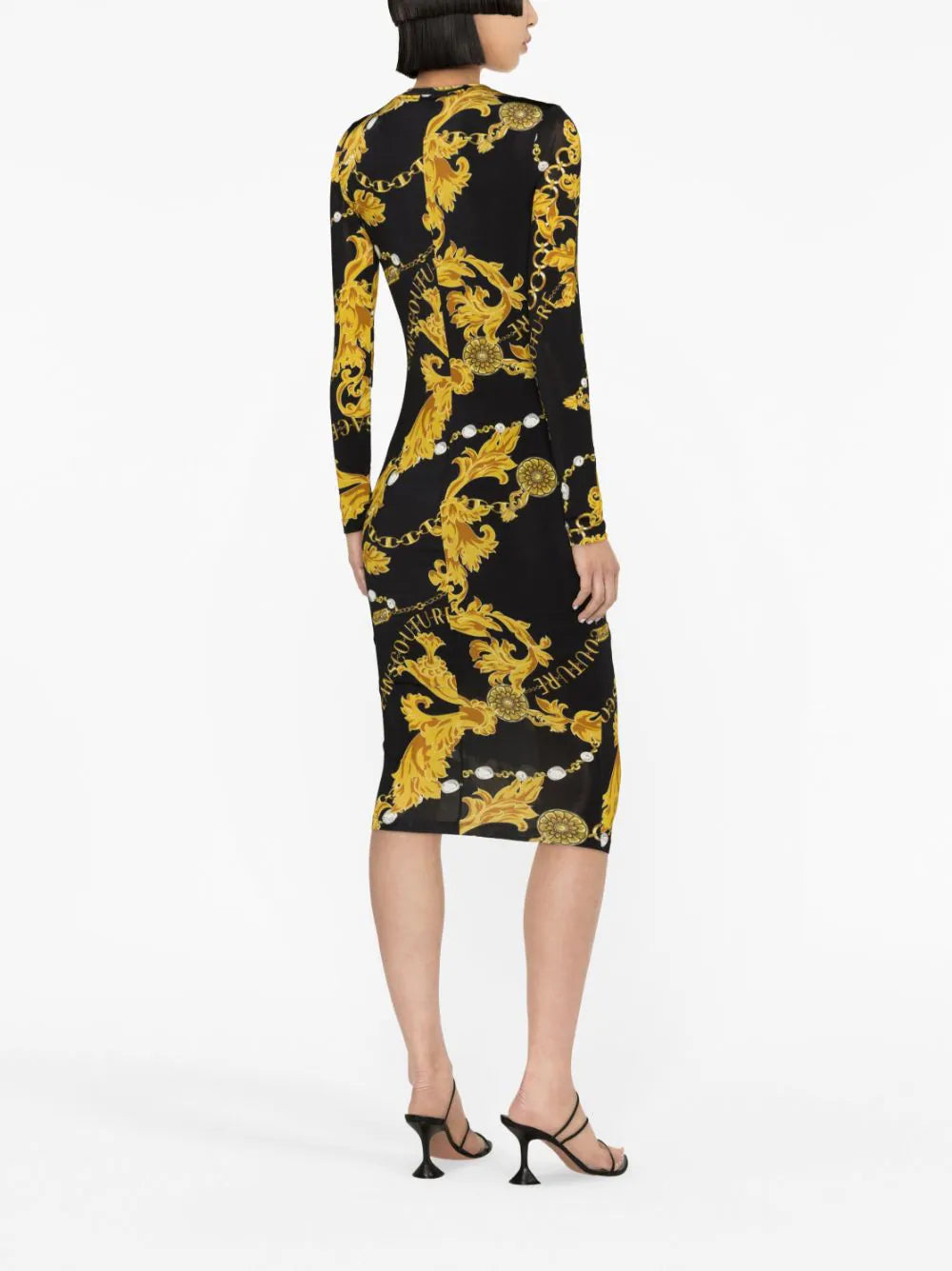 VERSACE WOMEN Baroque-print Midi Dress Black/Gold - MAISONDEFASHION.COM