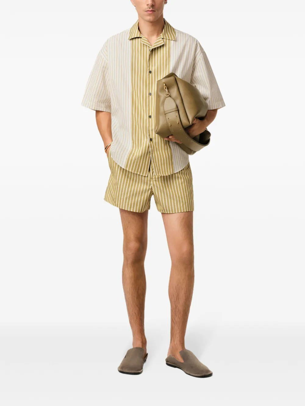 AMI ALEXANDRE MATTIUSSI Camp Collar Boxy Shirt White/Khaki - MAISONDEFASHION.COM
