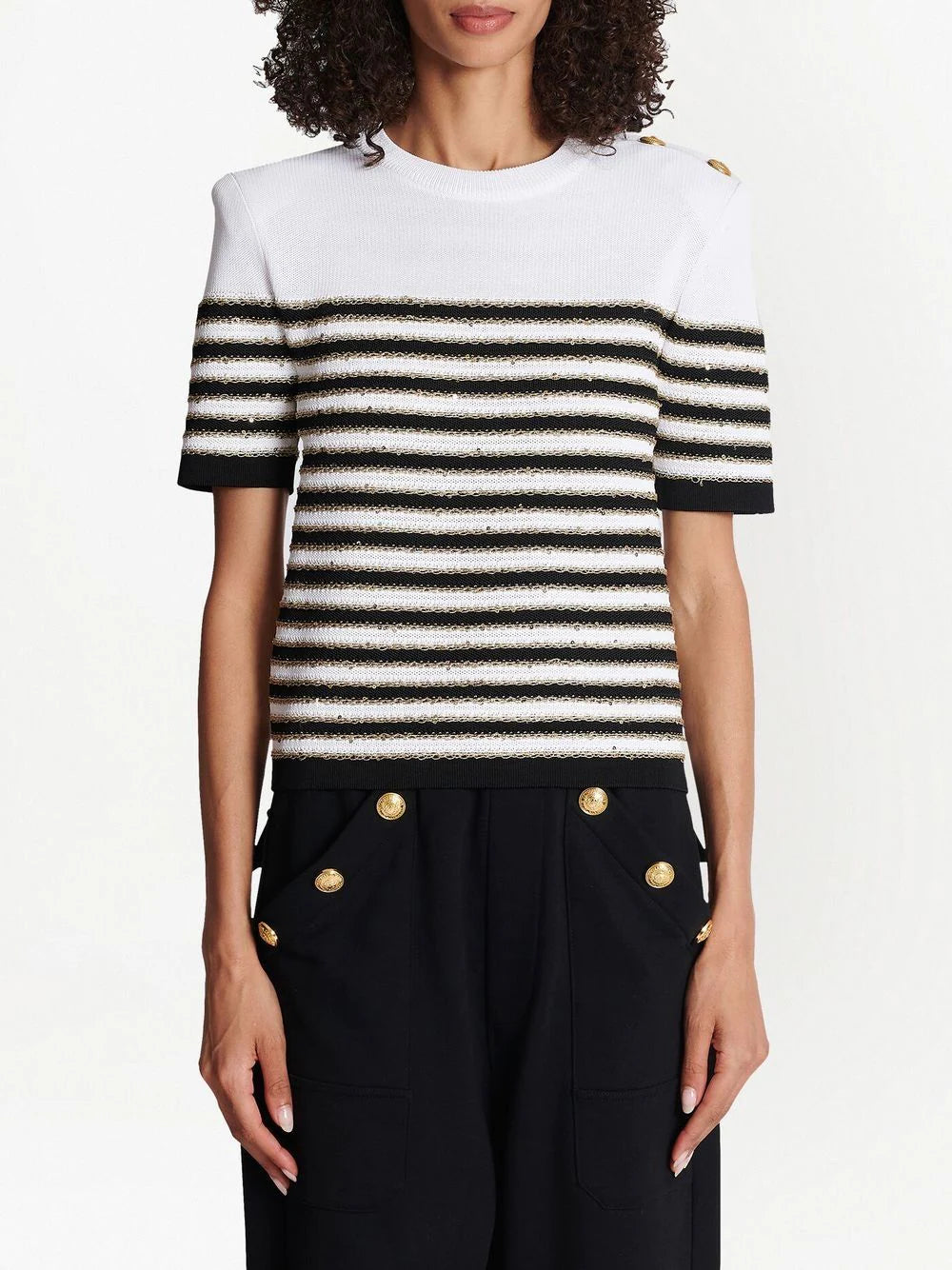 BALMAIN WOMEN 3BTN Striped Knit Top White/Black - MAISONDEFASHION.COM