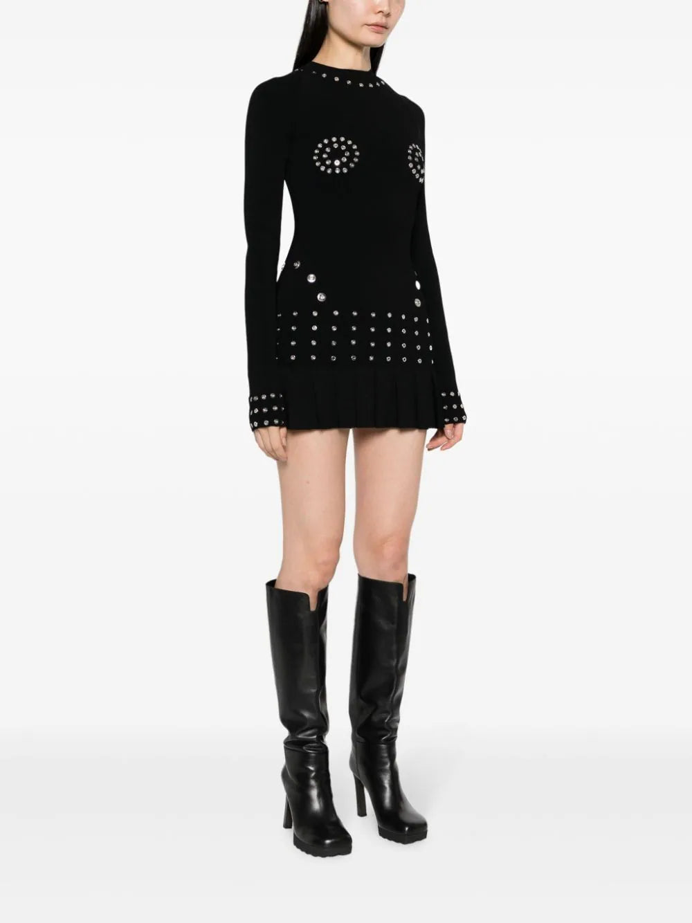 OFF-WHITE WOMEN Eyelet Pleated Mini Dress Black - MAISONDEFASHION.COM