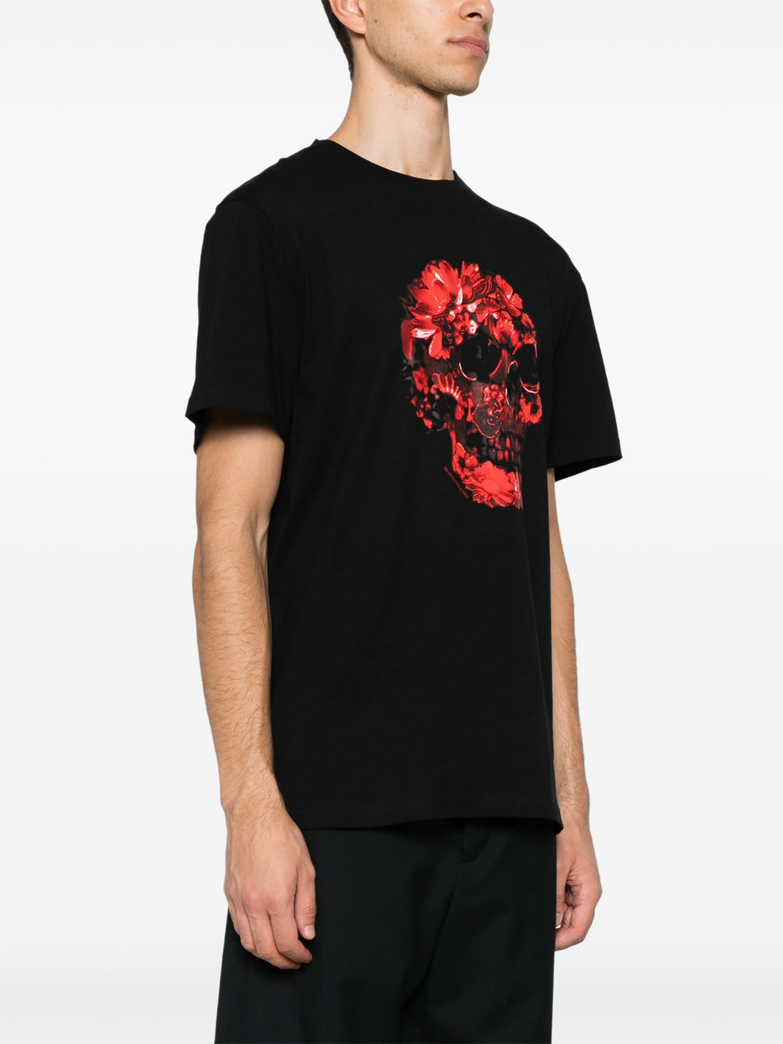 ALEXANDER MCQUEEN Floral Skull Print Cotton T-Shirt Black/Red