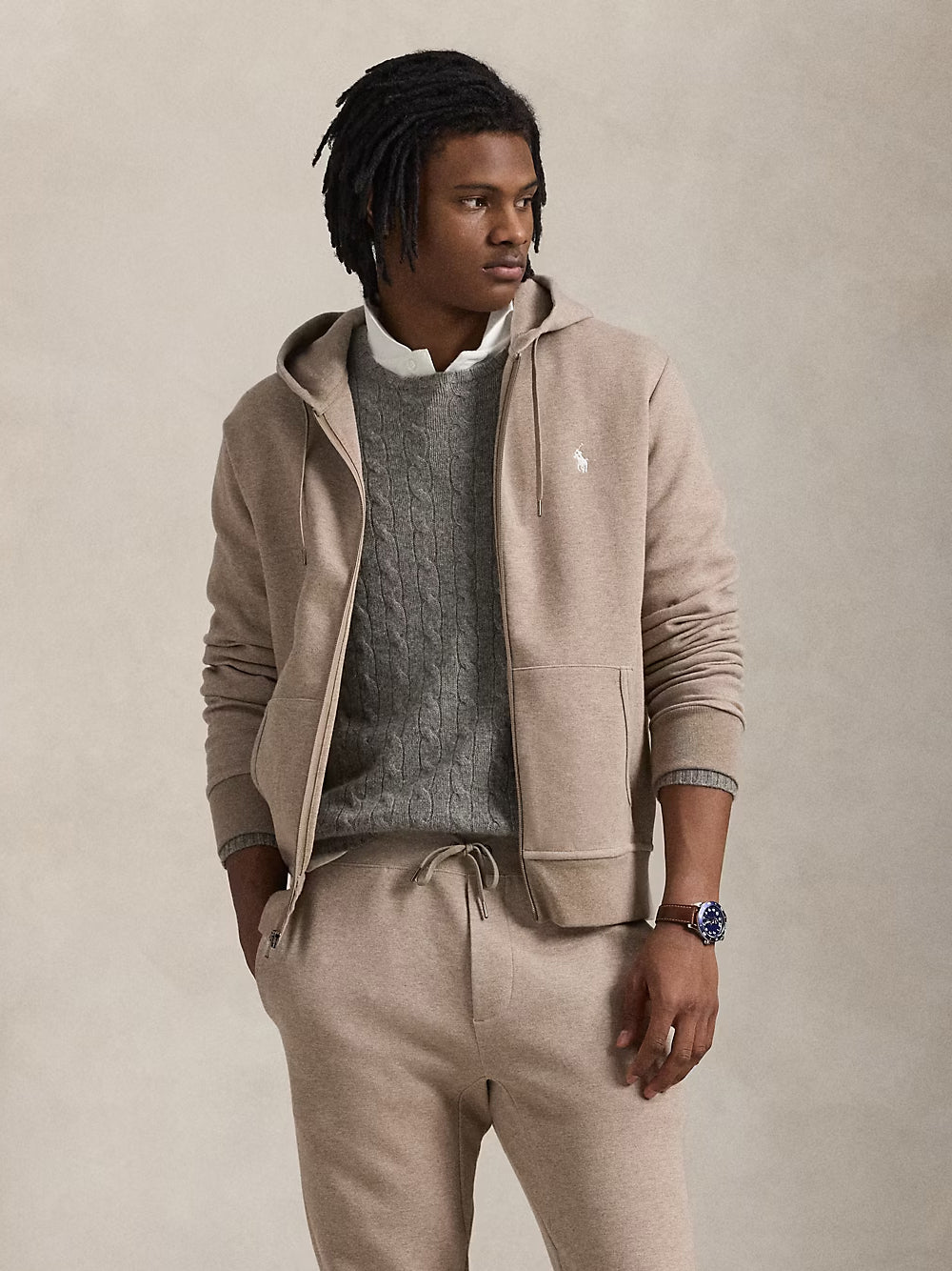 RALPH LAUREN Double-Knit Full-Zip Hoodie Beige