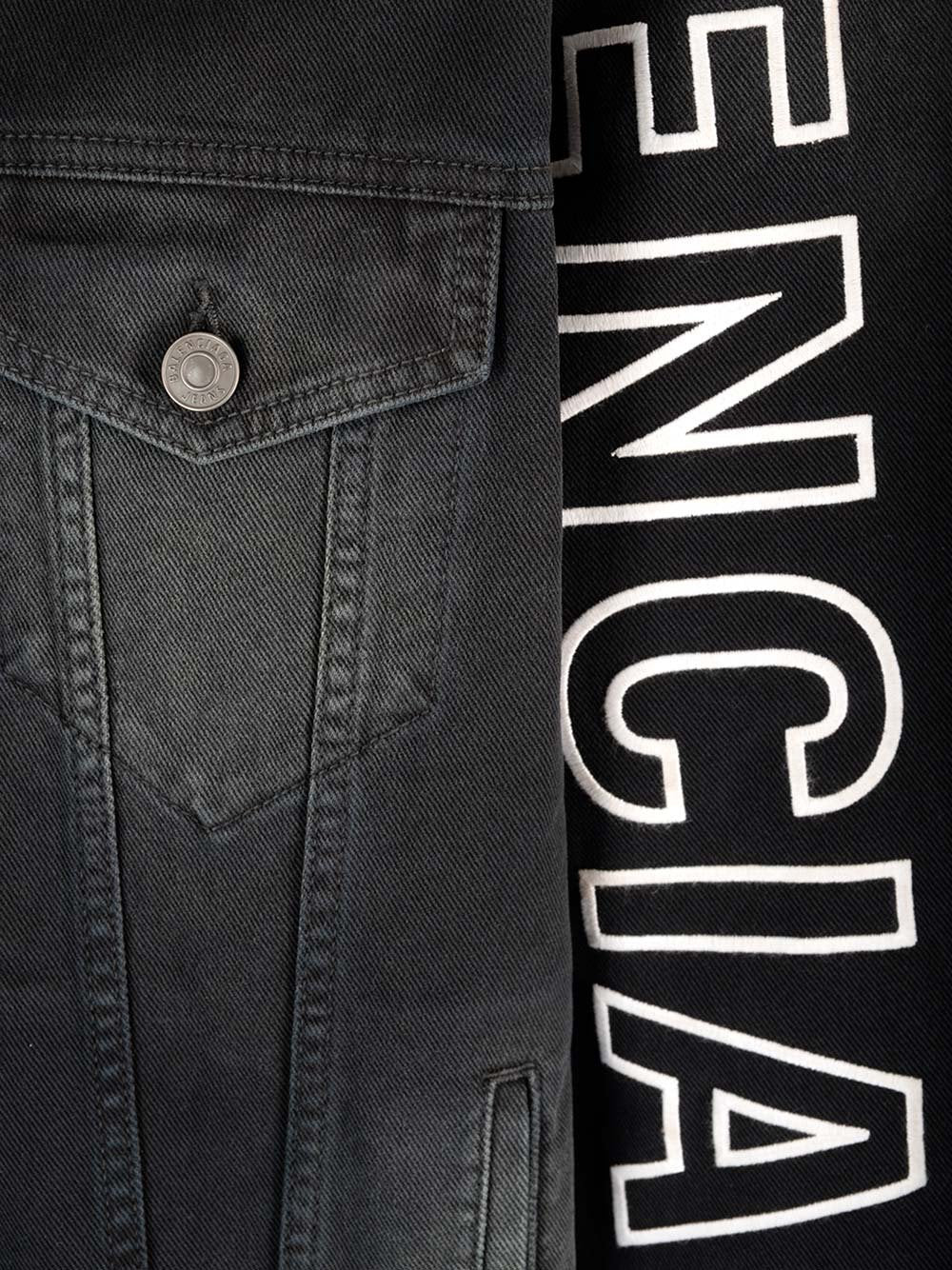 BALENCIAGA UNISEX Logo Embroidered Denim Jacket Sunbleached Black - MAISONDEFASHION.COM