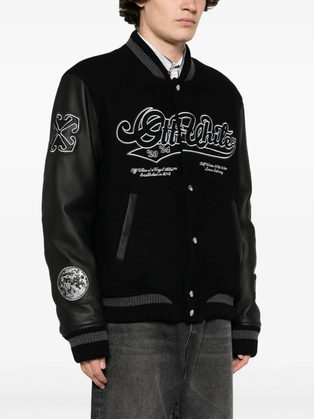 OFF-WHITE MEN Tyre Moon Varsity Jacket Black/Black - MAISONDEFASHION.COM