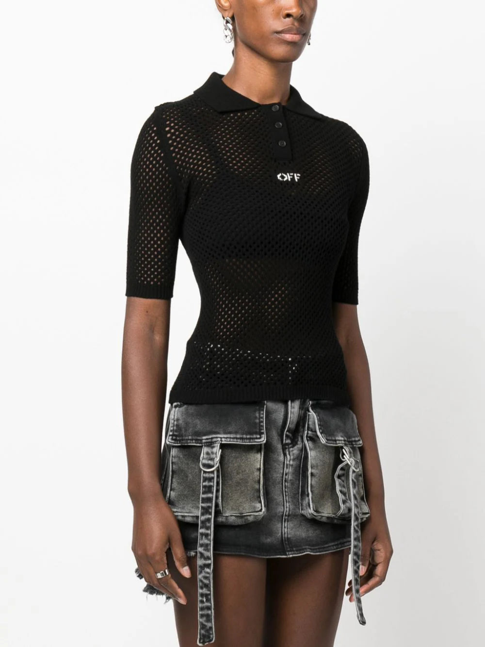 OFF-WHITE WOMEN OFF Stamp Netted Polo Black/White - MAISONDEFASHION.COM