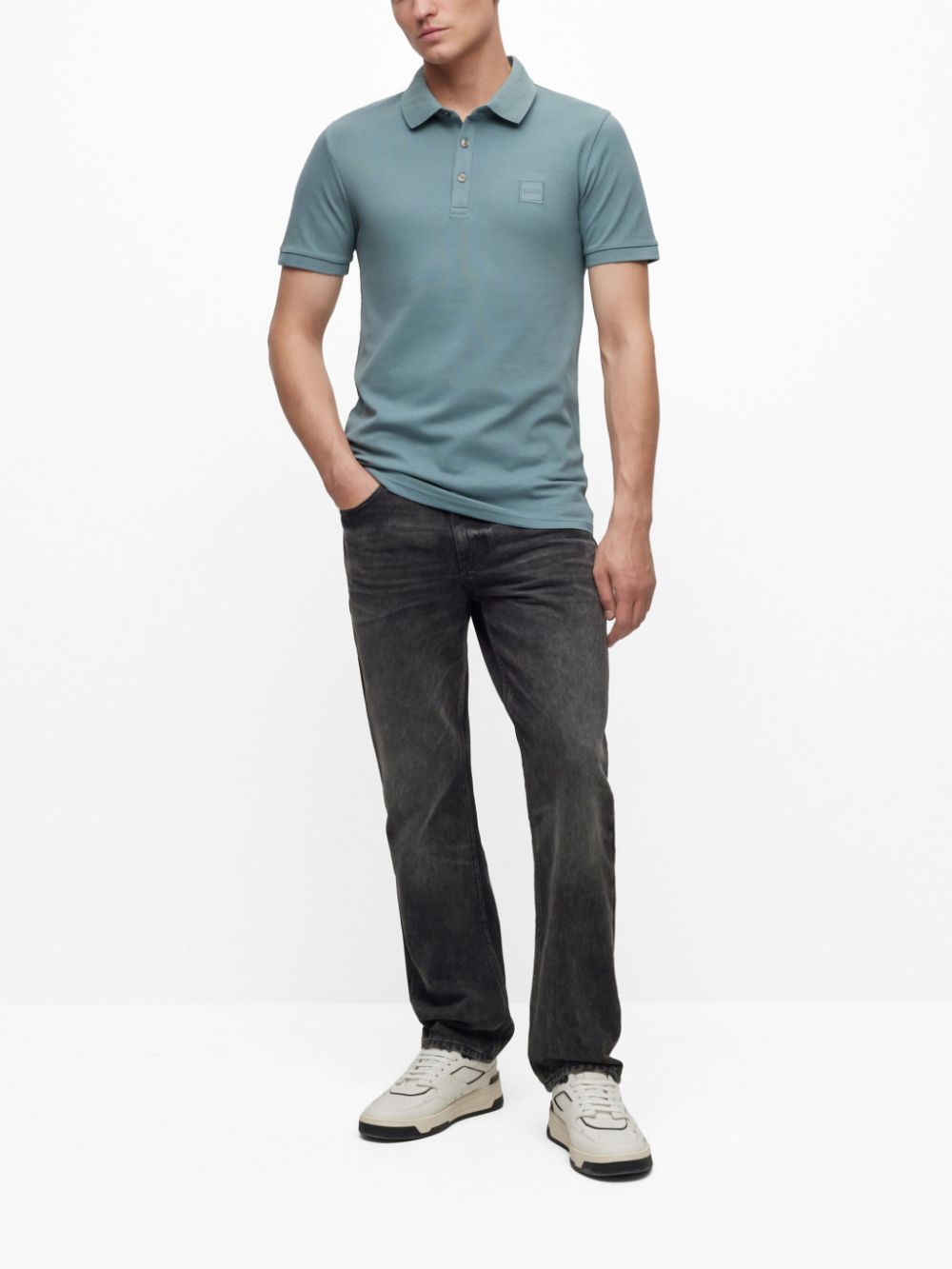 BOSS MEN Logo-patch Passenger Short-Sleeved Polo Shirt Light Blue - MAISONDEFASHION.COM
