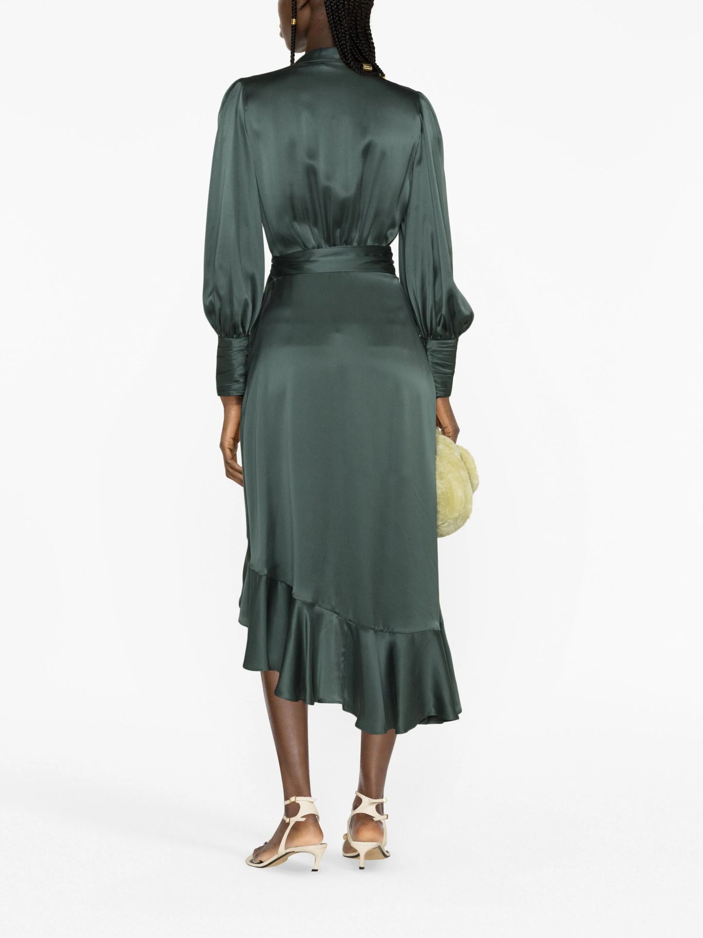 ZIMMERMANN WOMEN Silk Wrap Midi Dress Dark Green MAISONDEFASHION.COM ZIMMERMANN WOMEN Silk Wrap Midi Dress Dark Green MAISONDEFASHION.COM