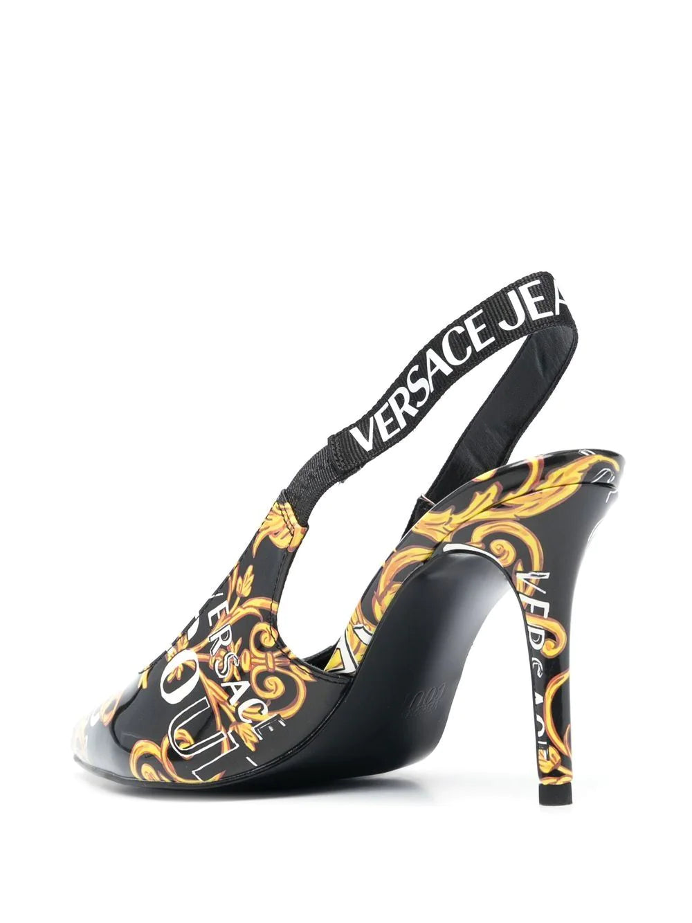 VERSACE WOMEN Baroque Logo Print Heel Slingback Pumps Black/Gold - MAISONDEFASHION.COM