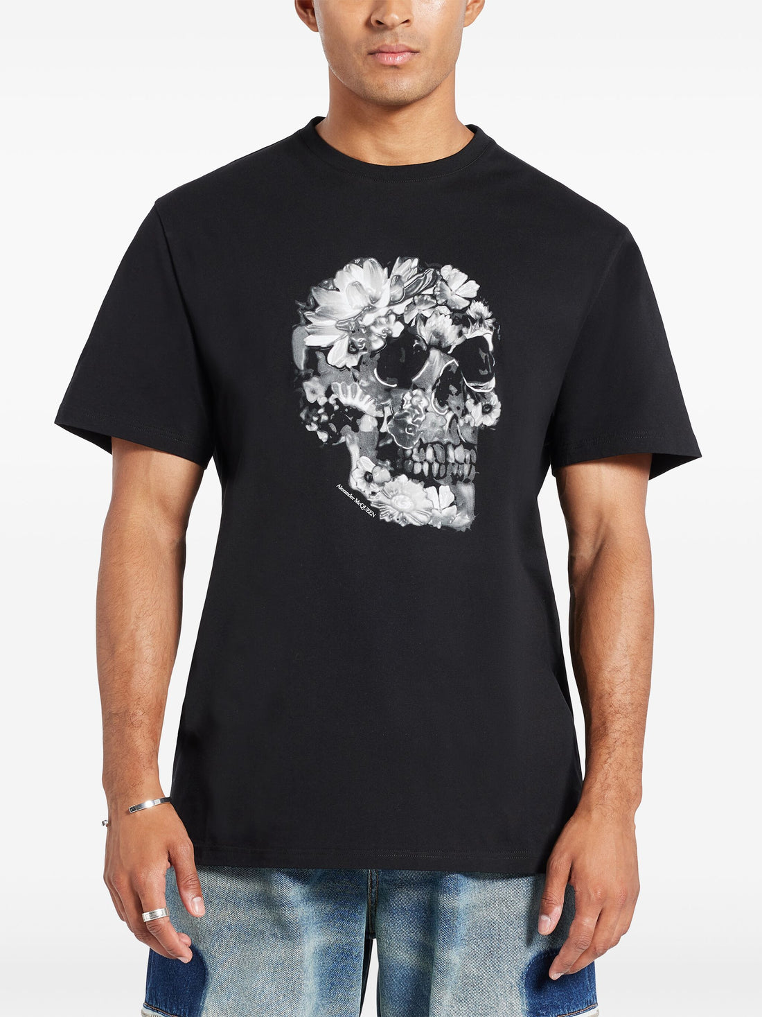 ALEXANDER MCQUEEN Floral Skull Print Cotton T-Shirt Black/White