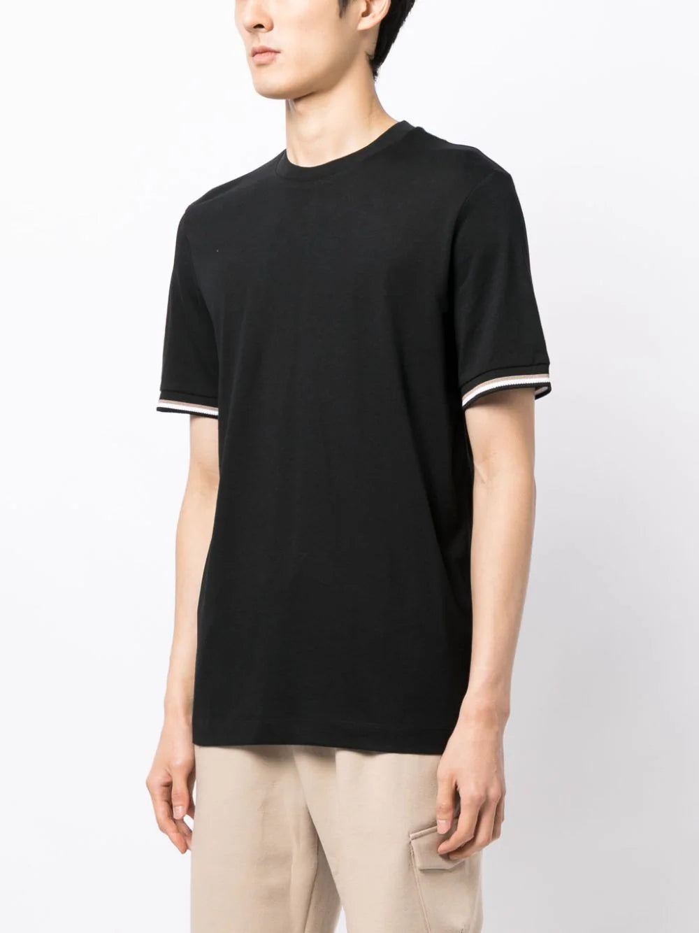 BOSS MEN Stripe-trim Cotton T-shirt Black - MAISONDEFASHION.COM