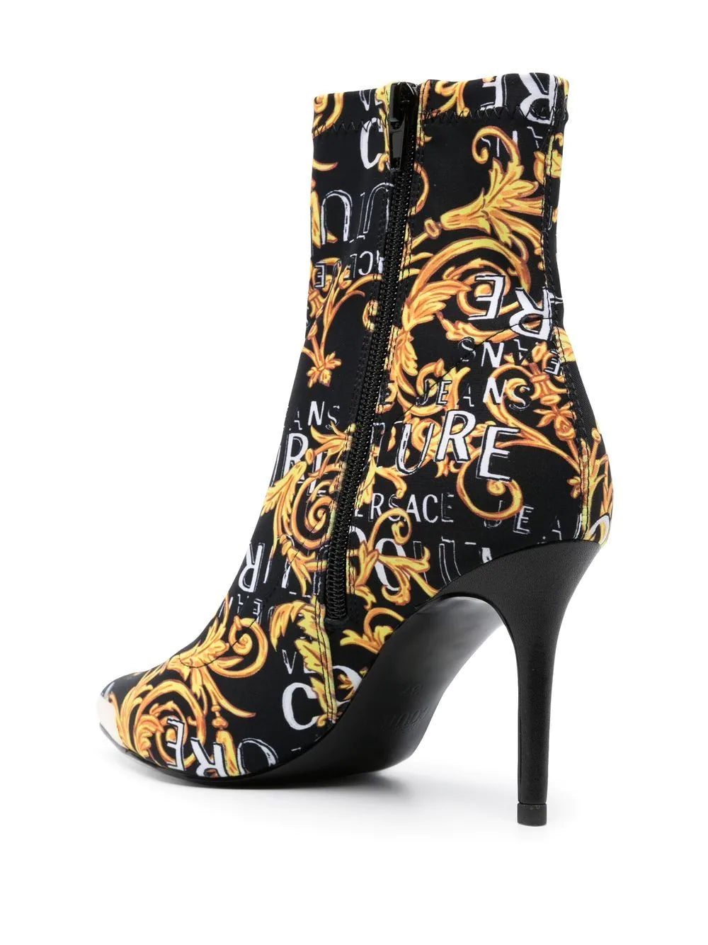 VERSACE WOMEN Baroque Logo Print Scarlett 85mm Heel Boots Black/Gold - MAISONDEFASHION.COM