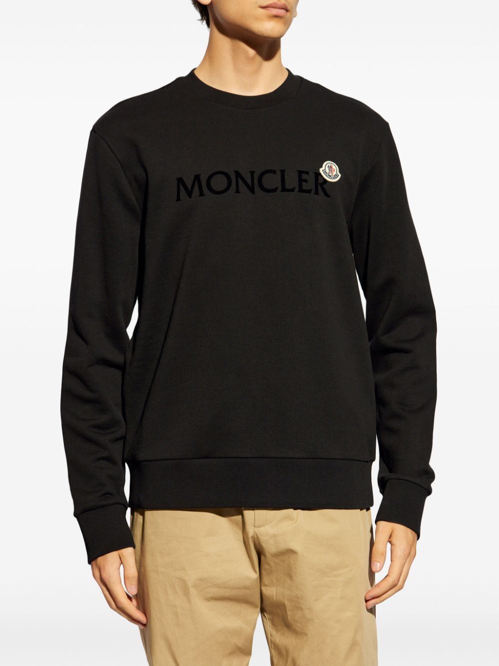 MONCLER Double Logo Flocked Cotton Jersey Sweatshirt Black MAISONDEFASHION.COM