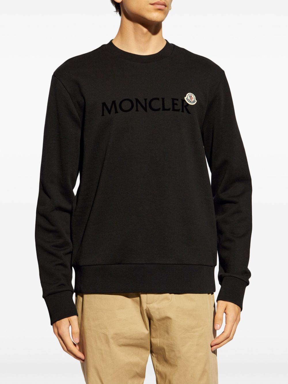 MONCLER Double Logo Flocked Cotton Jersey Sweatshirt Black