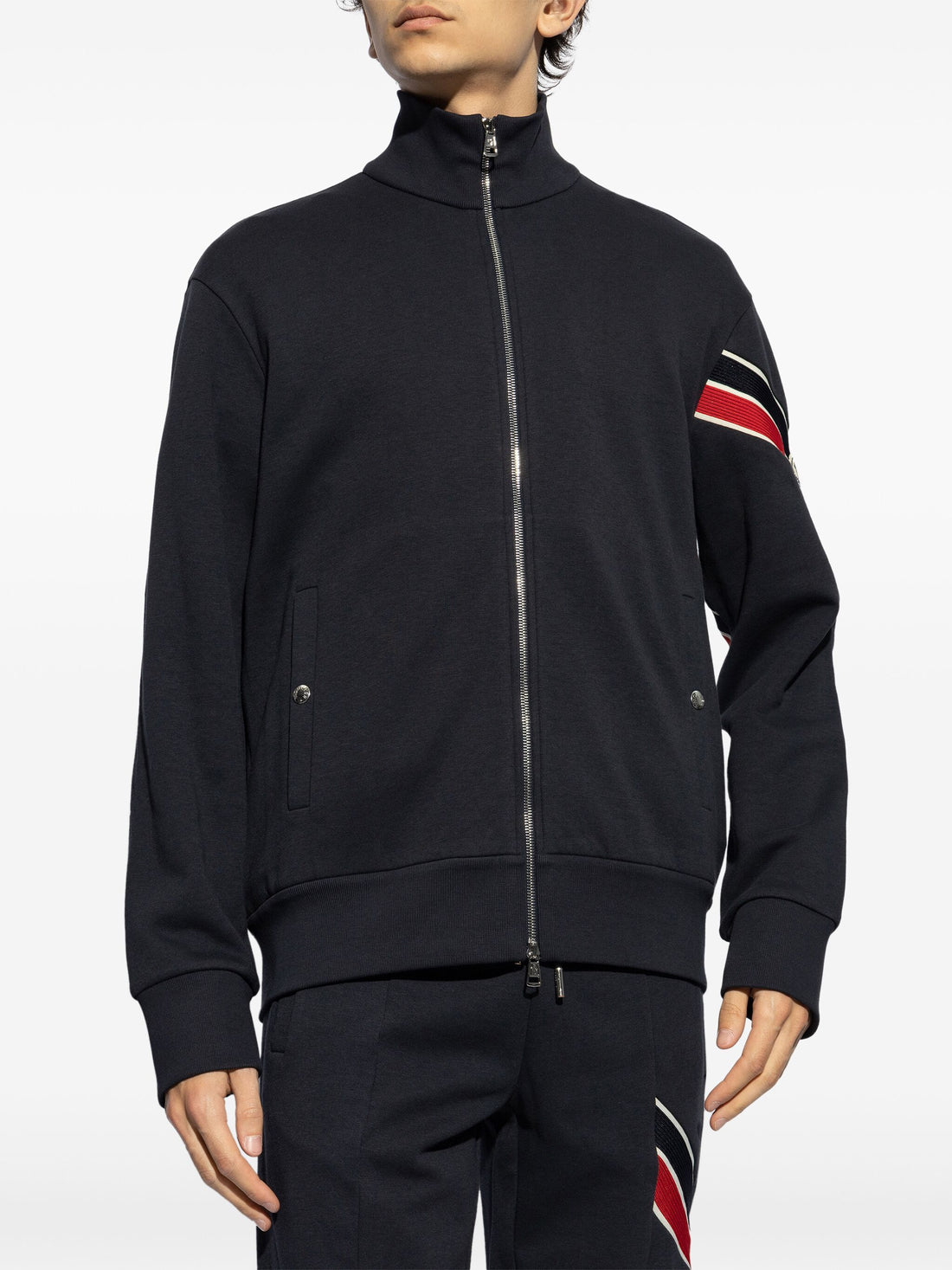 MONCLER Logo Stripe Detail Zipped Cardigan Navy