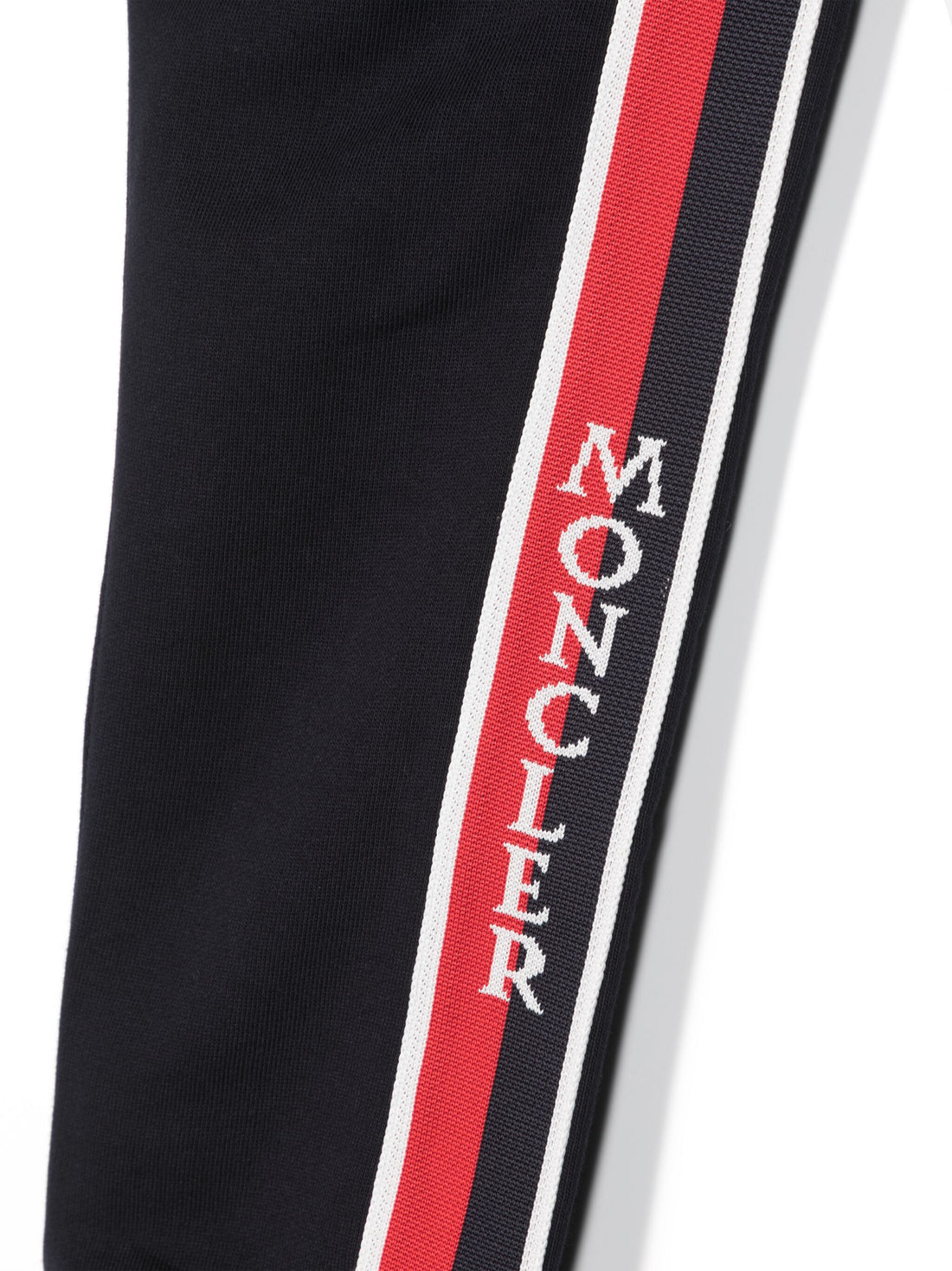 MONCLER KIDS Boys Logo Stripe Trim Sweat Pants Navy - MAISONDEFASHION.COM