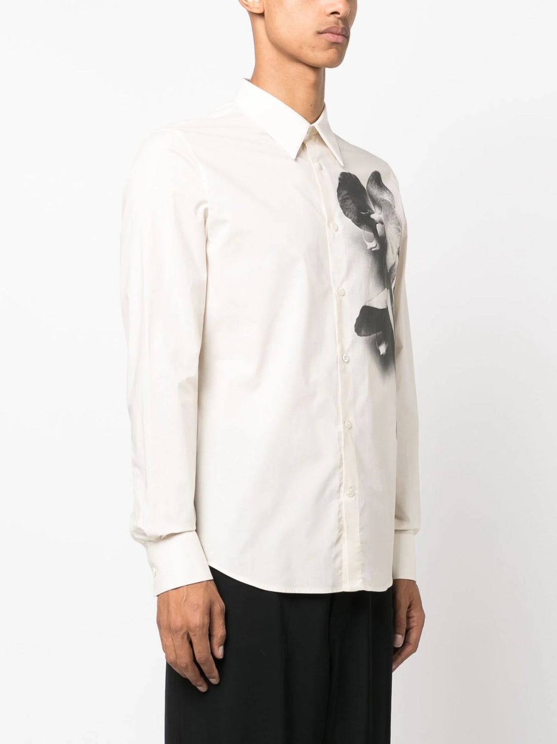 ALEXANDER MCQUEEN Orchid-Print Cotton Shirt Light Beige/Black - MAISONDEFASHION.COM