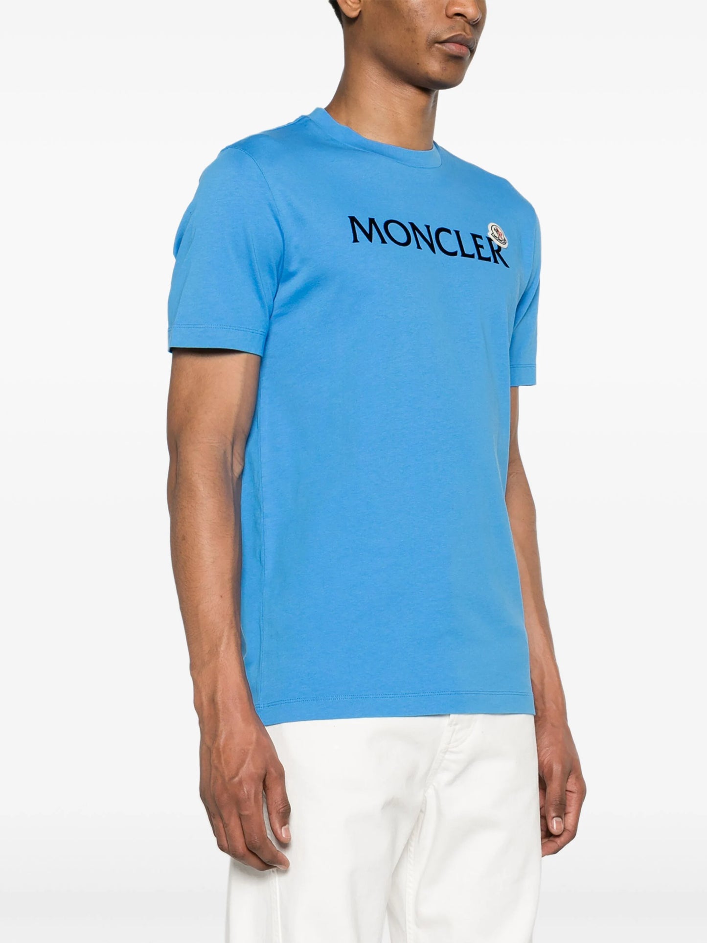 MONCLER Logo Flocked Cotton Short Sleeve T-Shirt Blue