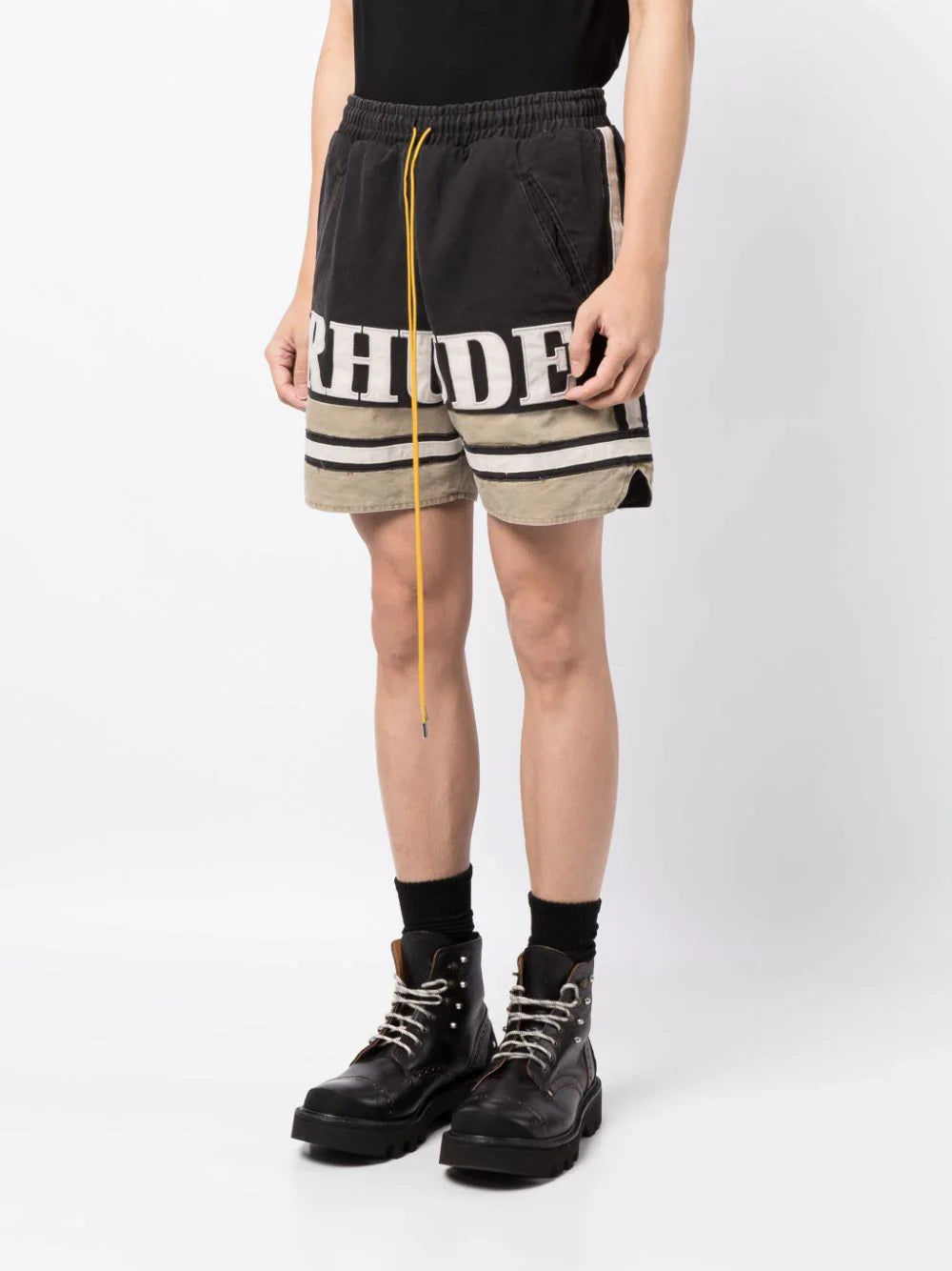 RHUDE MEN Embroidered Logo Shorts Black/Khaki - MAISONDEFASHION.COM