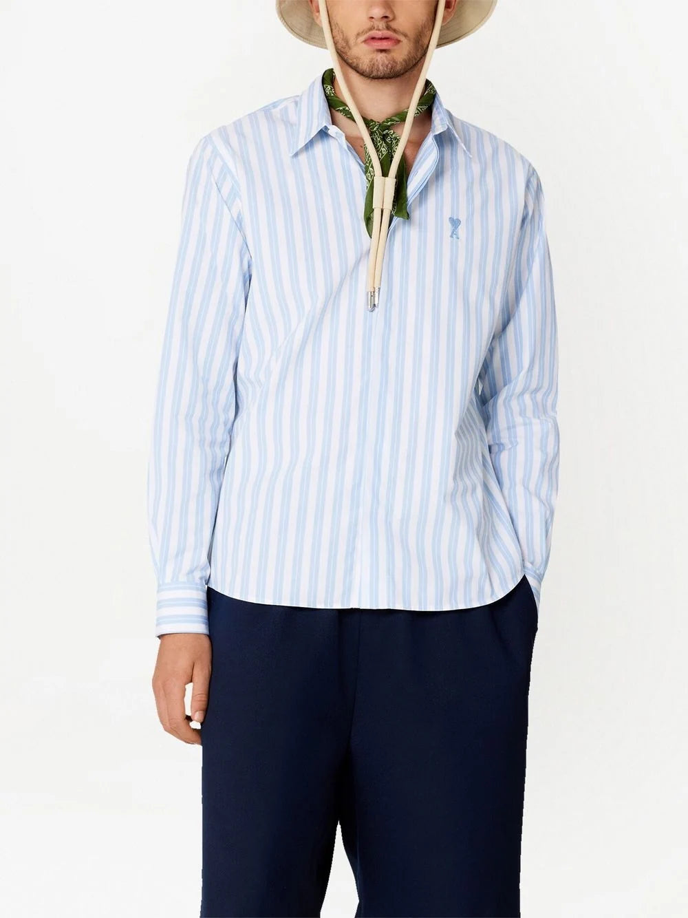 AMI PARIS Stripe Collar Shirt Sky Blue/White - MAISONDEFASHION.COM