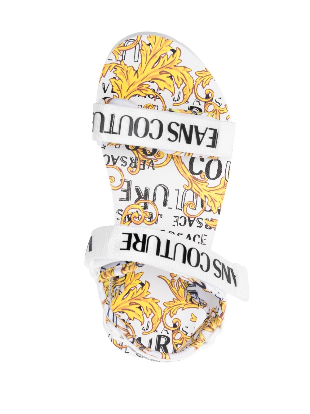 VERSACE WOMEN Baroque Logo Print Sandals White/Gold - MAISONDEFASHION.COM