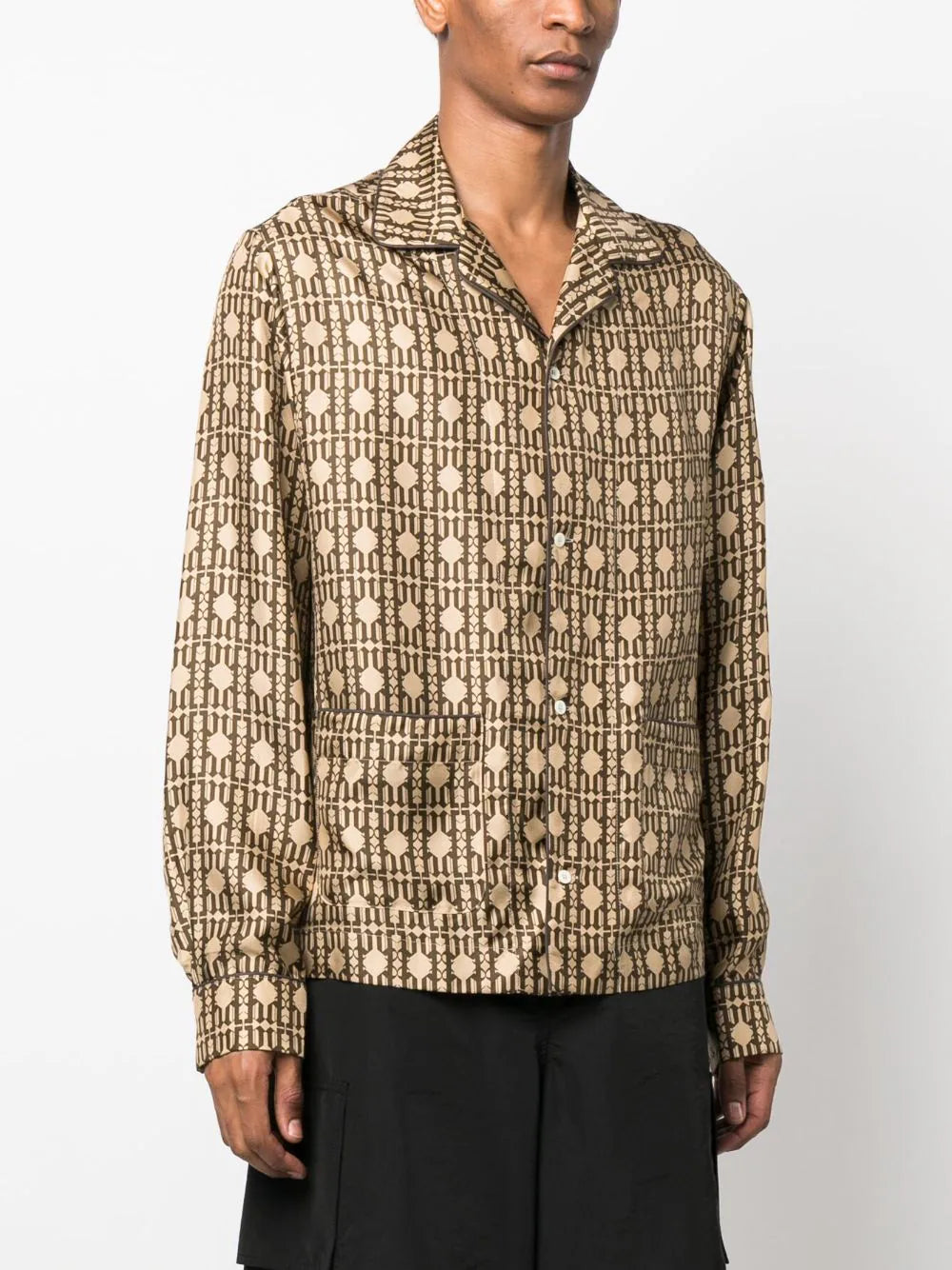 PALM ANGELS MEN Allover Monogram Pajama Shirt Long Sleeves Beige - MAISONDEFASHION.COM