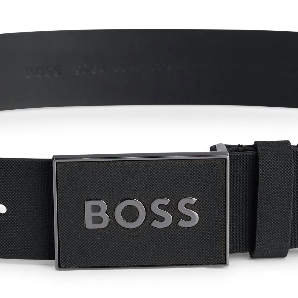 BOSS MEN Logo-plaque Leather Belt Black - MAISONDEFASHION.COM
