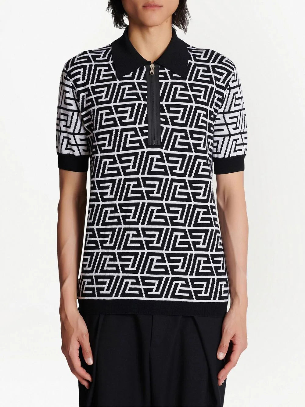 BALMAIN MEN PB Monogram Zipped Polo Shirt Black/White - MAISONDEFASHION.COM