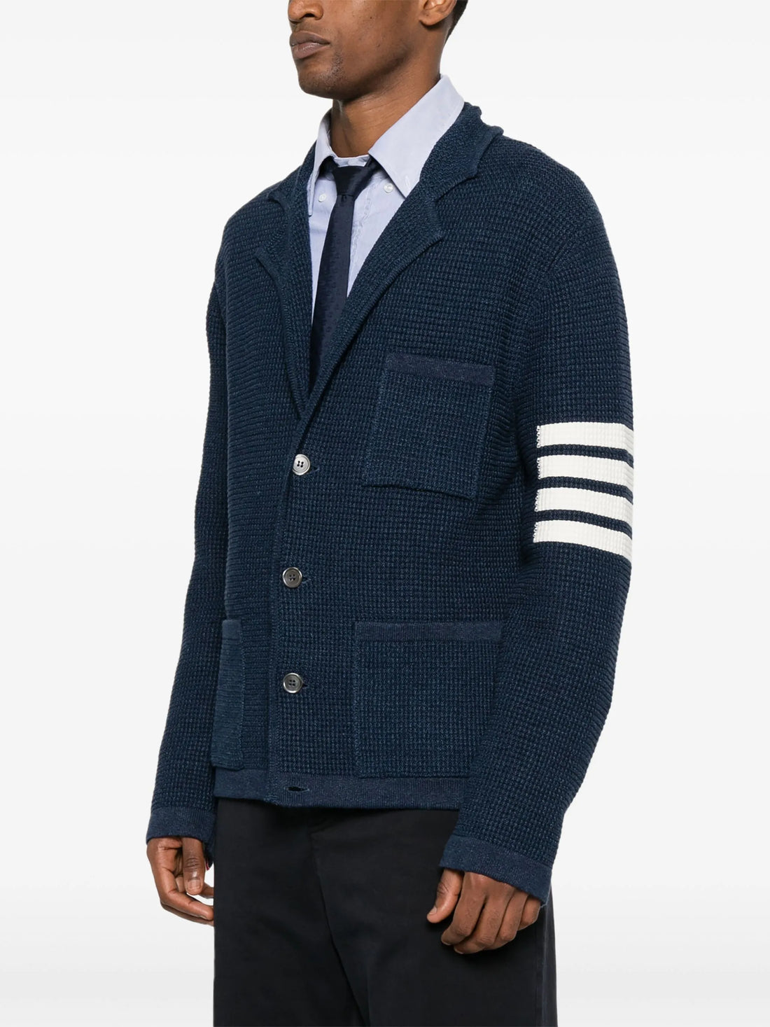 THOM BROWNE Notched Lapel 3 Stripe Cardigan Navy