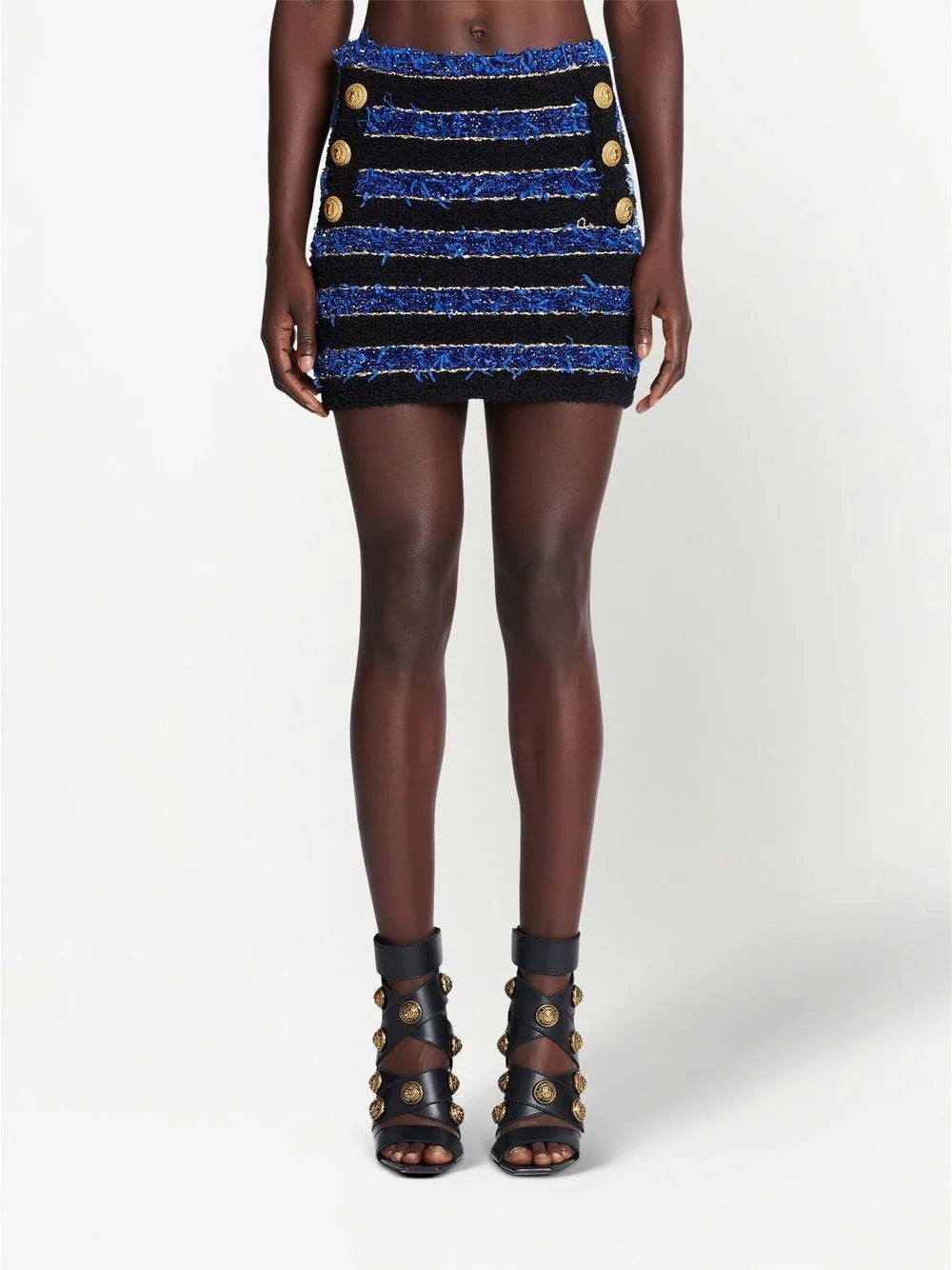 BALMAIN WOMEN Button Detail Tweed Skirt Blue/Black/Gold - MAISONDEFASHION.COM