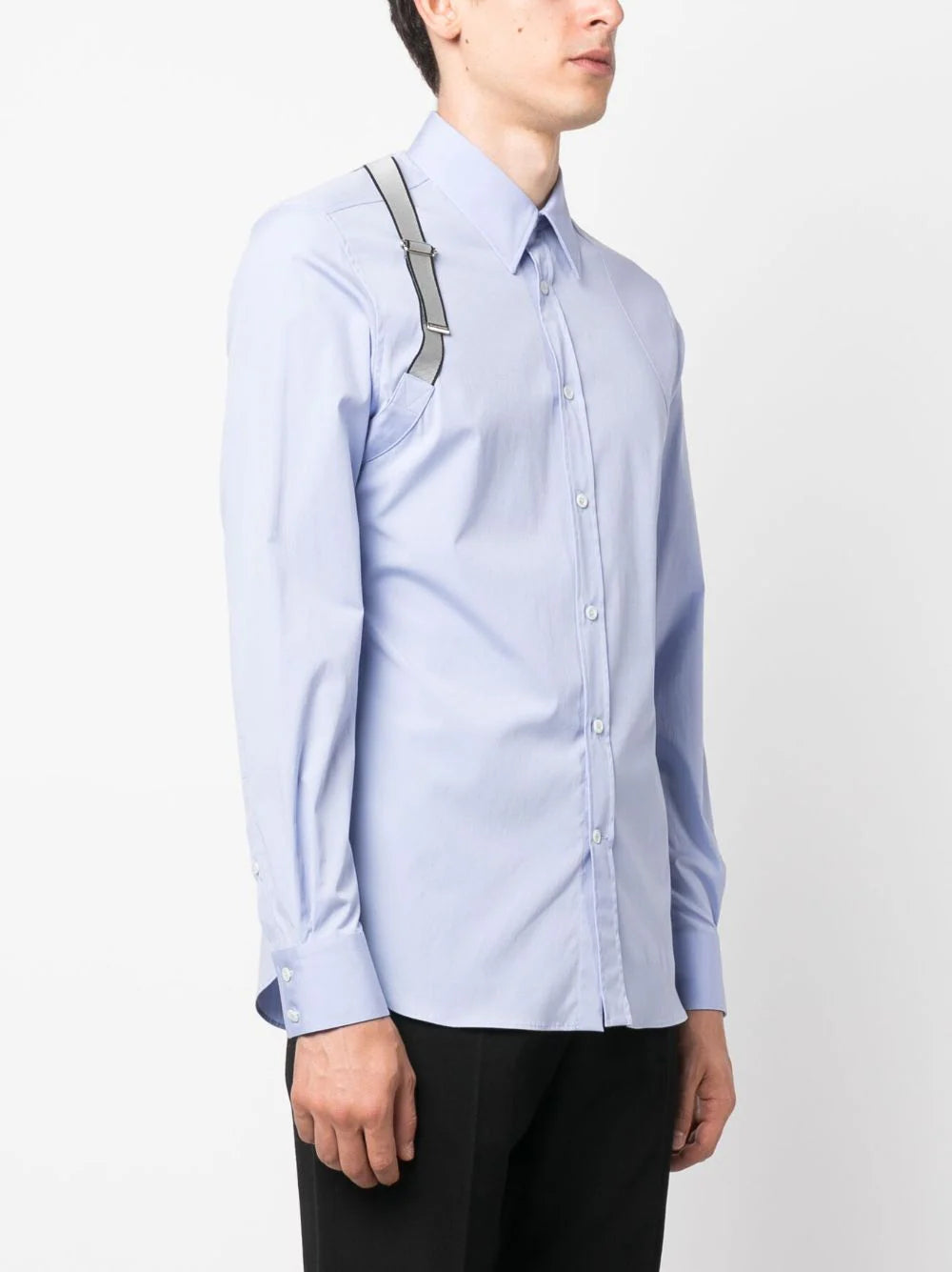 ALEXANDER MCQUEEN MEN Harness Detail Poplin Shirt Light Blue - MAISONDEFASHION.COM