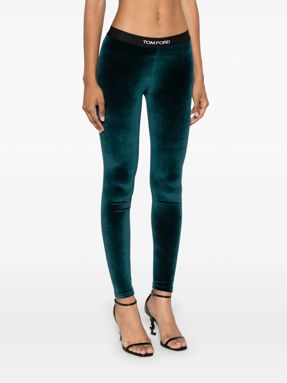 TOM FORD WOMEN Logo Waist Velvet Leggings Dark Green MAISONDEFASHION.COM