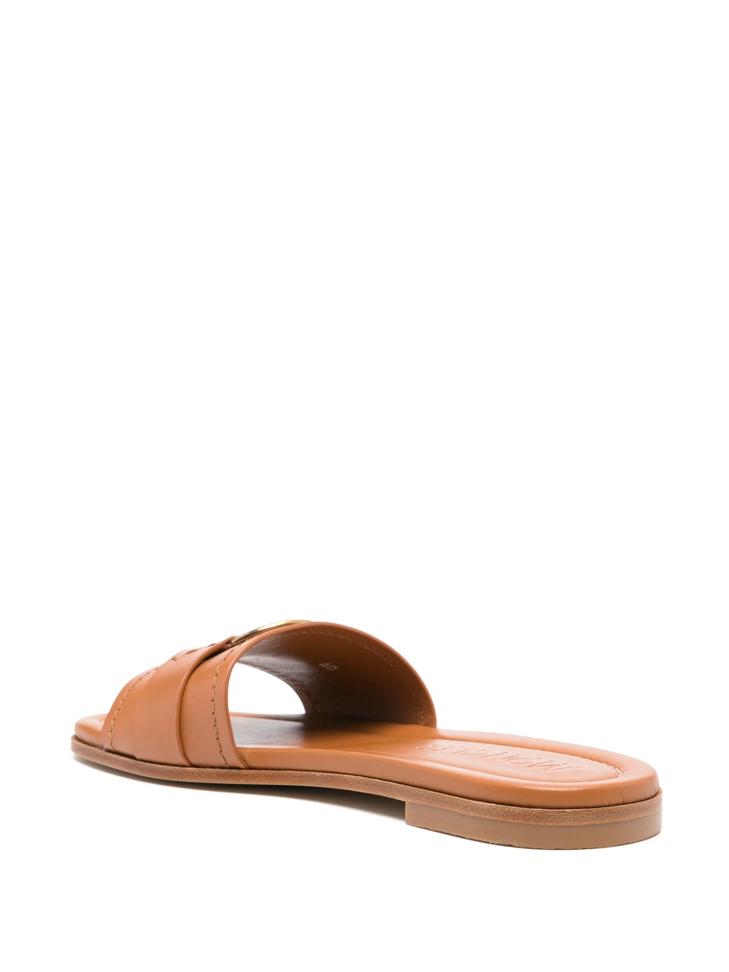 サンダル・ミュール MONCLER WOMEN Bell Logo Leather Sliders Brown MONCLER WOMEN Bell Logo Leather Sliders Brown