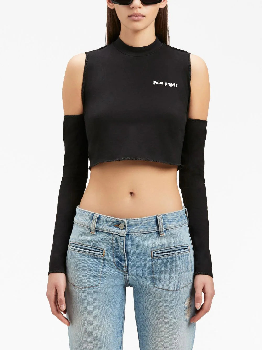 PALM ANGELS WOMEN Logo Cutout Mockneck L/S Top Black/Off White - MAISONDEFASHION.COM