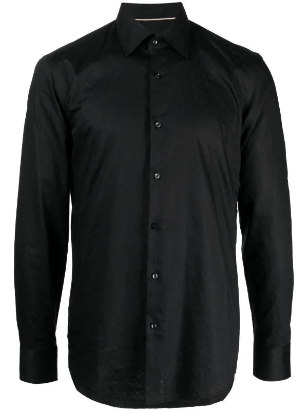 BOSS MEN Slim-fit Faded Abstract-print Long-sleeved Shirt Black - MAISONDEFASHION.COM