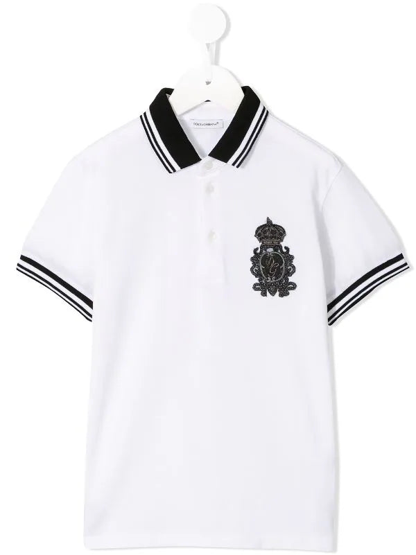 DOLCE & GABBANA KIDS Boys Embroidered Patch Polo Shirt White/Black - MAISONDEFASHION.COM