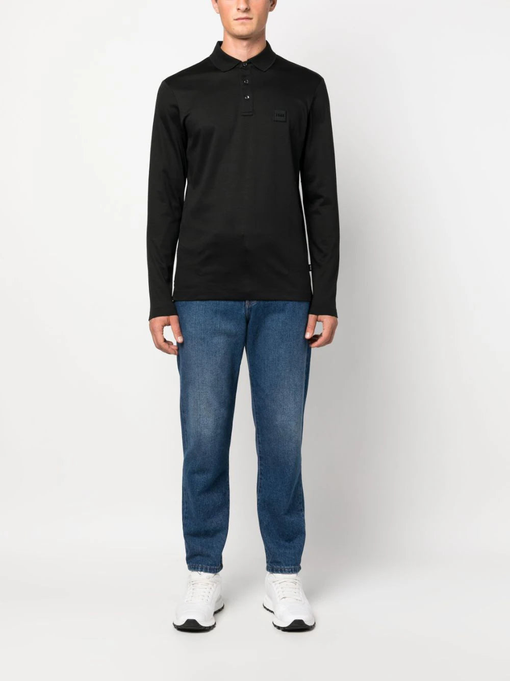 BOSS MEN Relaxed-fit Long-sleeved Cotton Polo Shirt Black - MAISONDEFASHION.COM