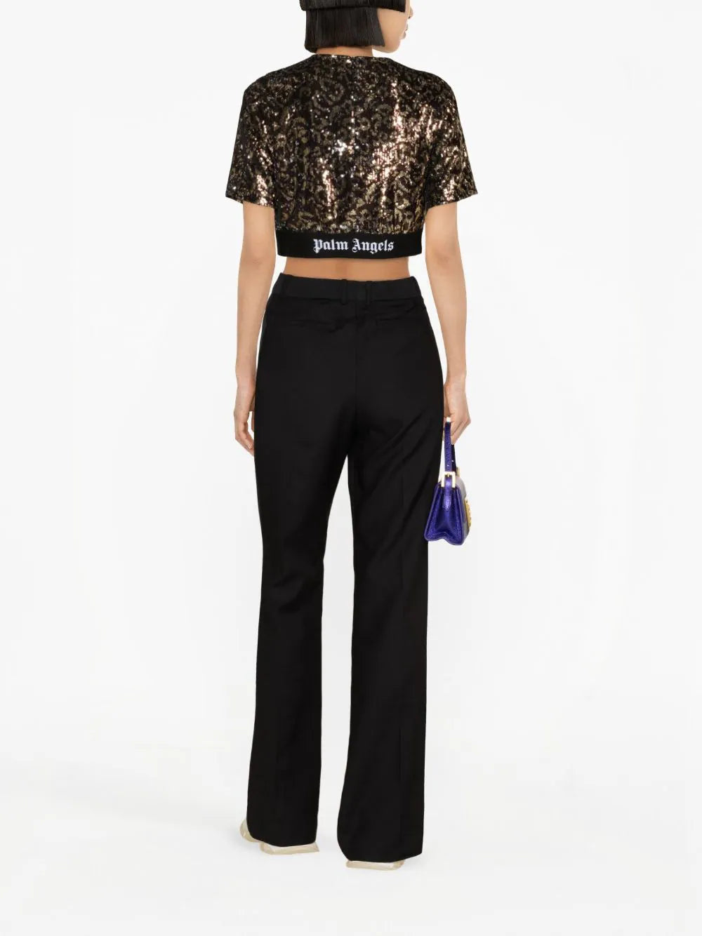 Tシャツ・カットソー PALM ANGELS WOMEN Sequins Logo Tape Tee Brown/Black PALM ANGELS WOMEN Sequins Logo Tape Tee Brown/Black