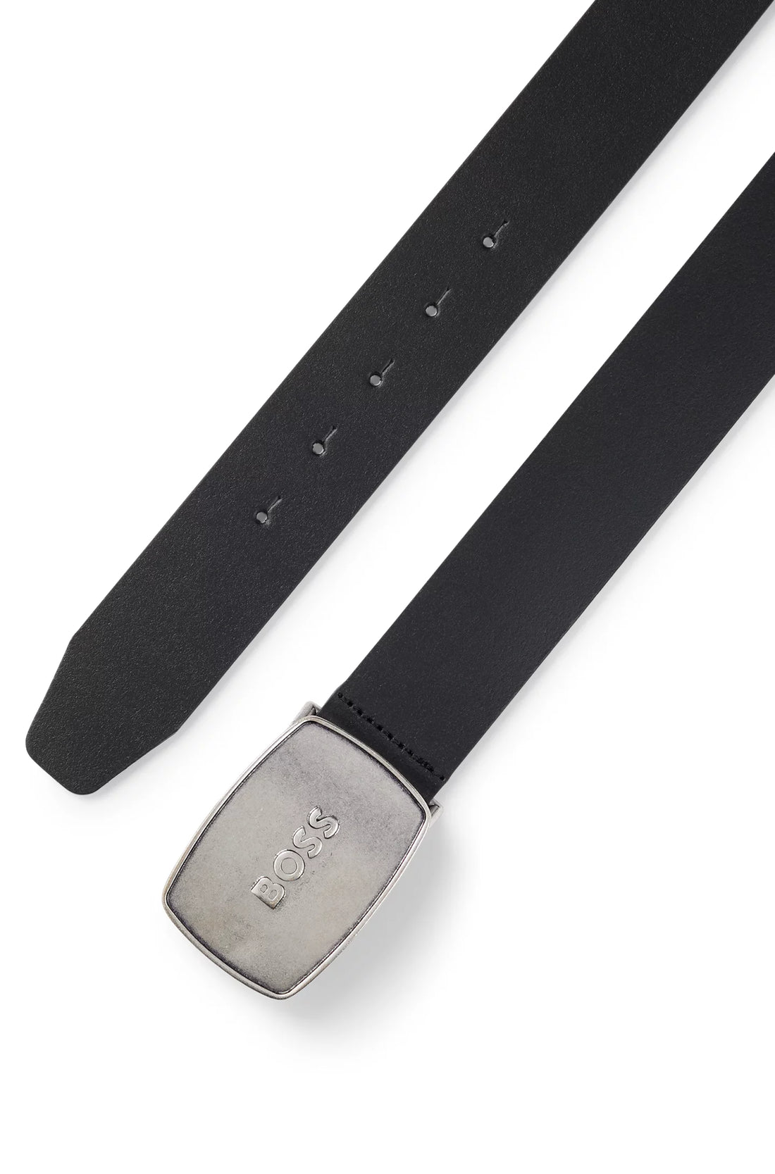 BOSS MEN Brushed Metal Logo Leather Belt Black/Silver - MAISONDEFASHION.COM
