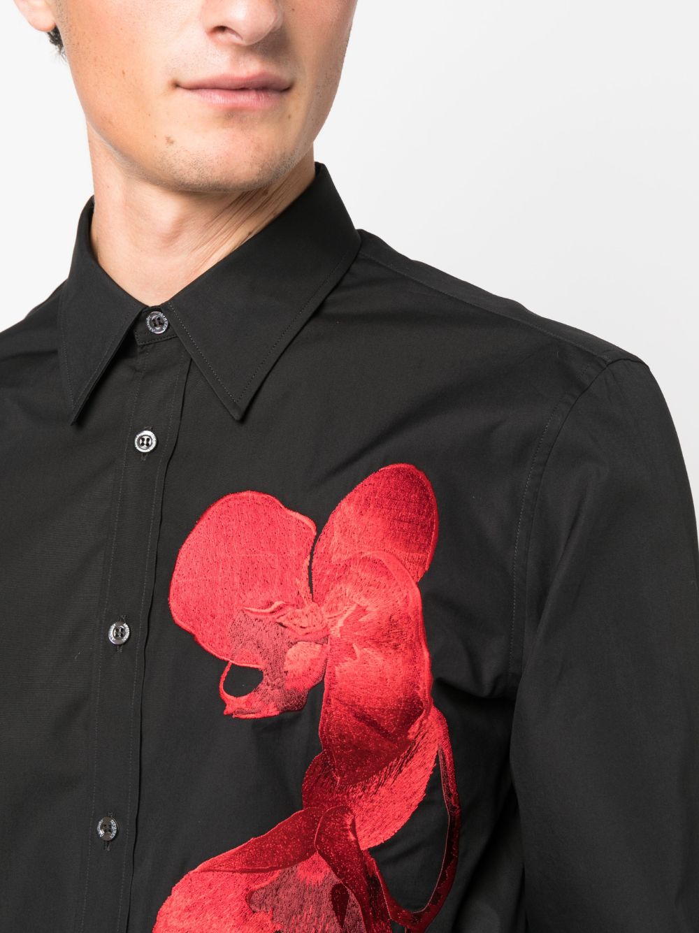 ALEXANDER MCQUEEN Embroidered Cotton Shirt Black/Red - MAISONDEFASHION.COM
