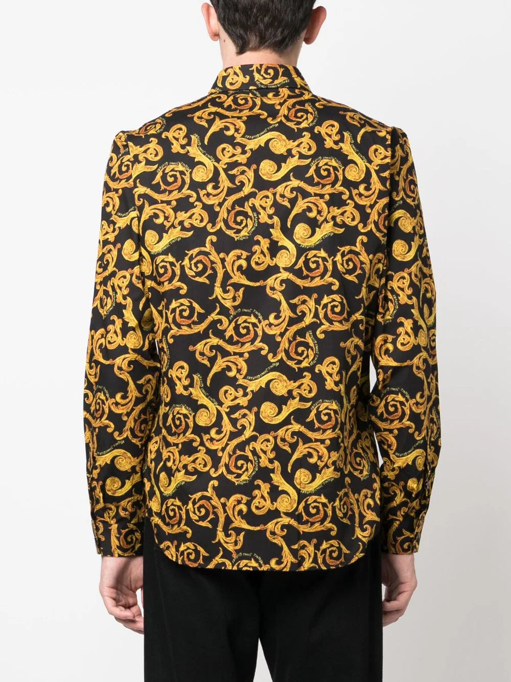VERSACE MEN Baroque Pattern Print Cotton Long Sleeve Shirt Black/Gold - MAISONDEFASHION.COM