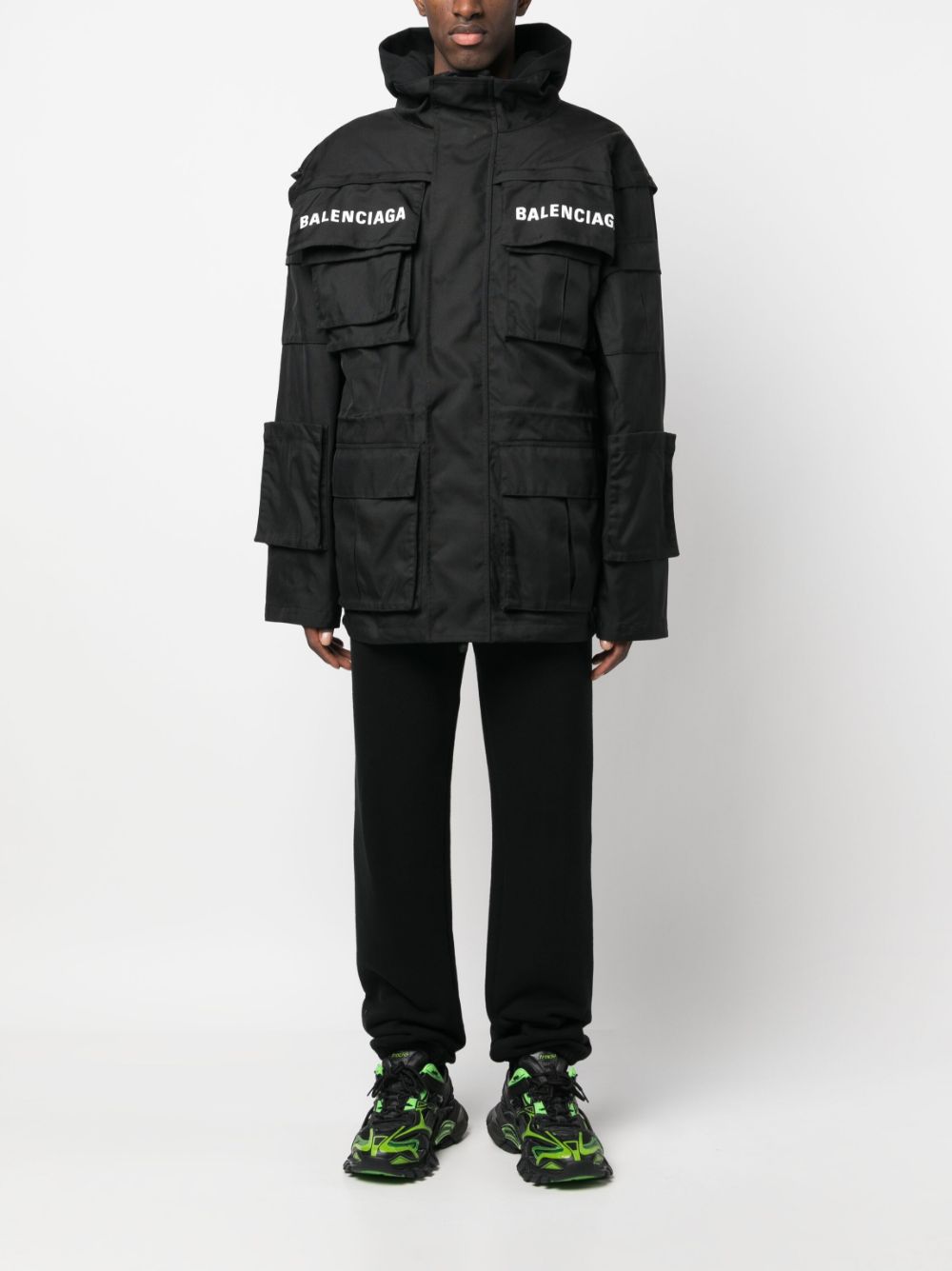 BALENCIAGA Logo Oversized Parka Jacket Black White MAISONDEFASHION.COM