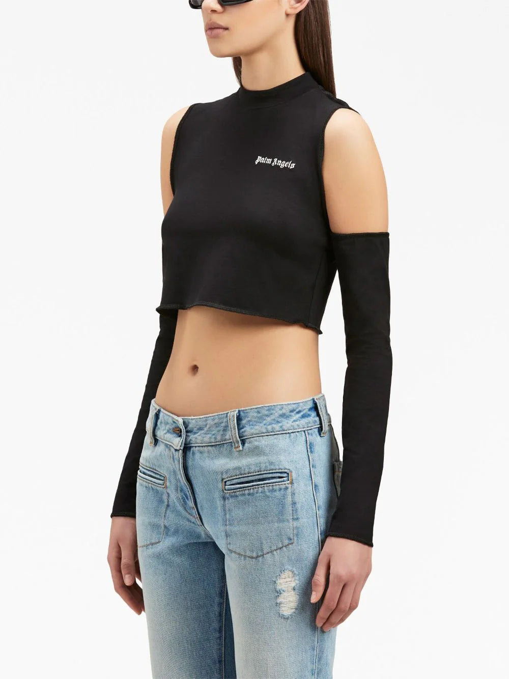 PALM ANGELS WOMEN Logo Cutout Mockneck L/S Top Black/Off White - MAISONDEFASHION.COM