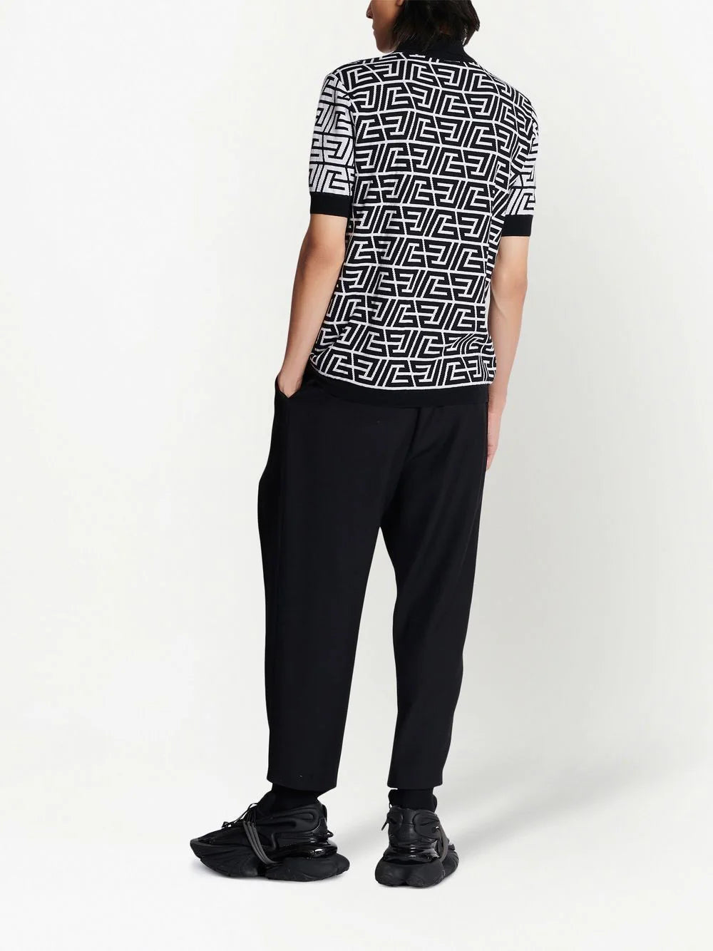 BALMAIN MEN PB Monogram Zipped Polo Shirt Black/White - MAISONDEFASHION.COM