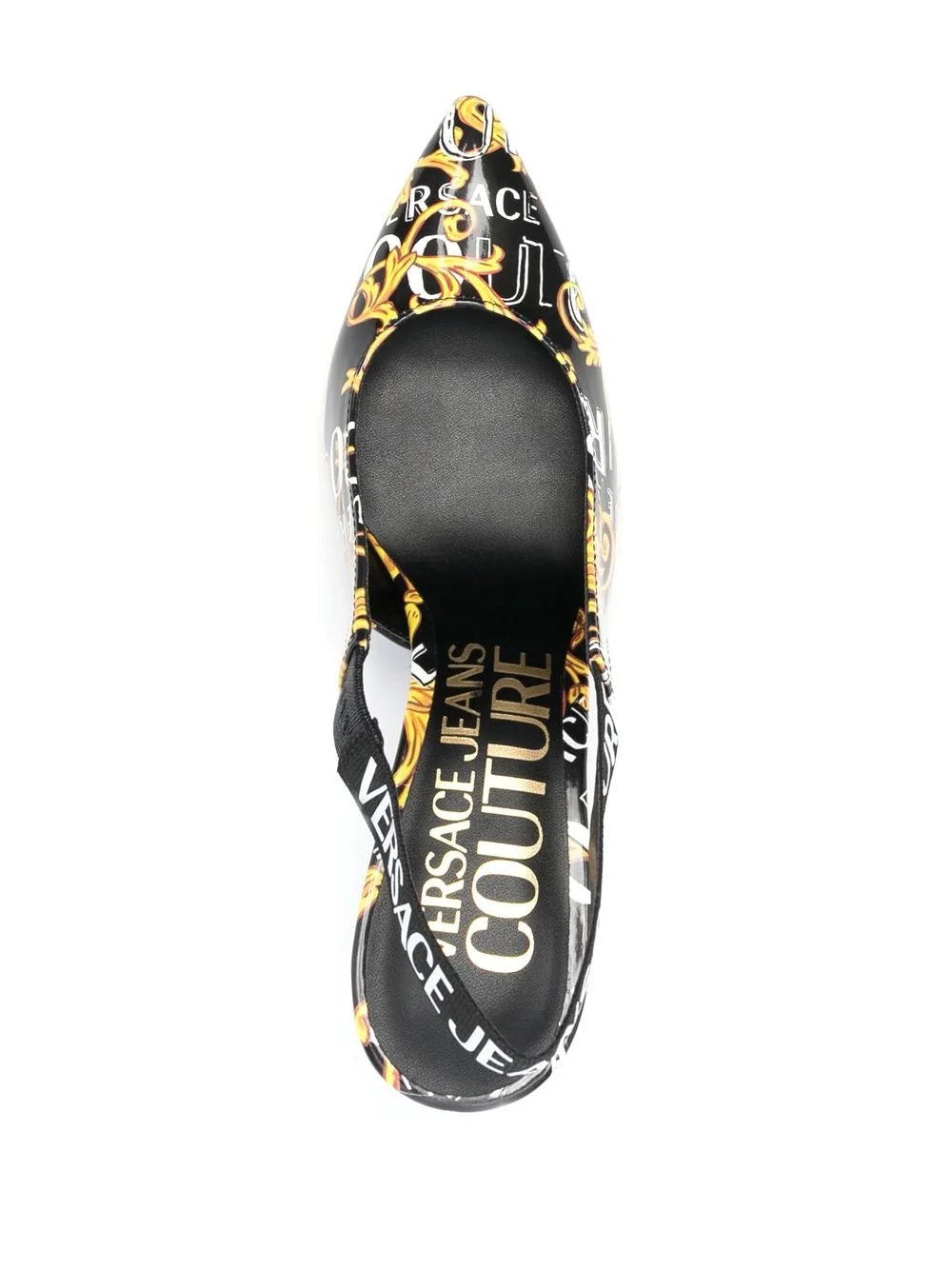 VERSACE WOMEN Baroque Logo Print Heel Slingback Pumps Black/Gold - MAISONDEFASHION.COM
