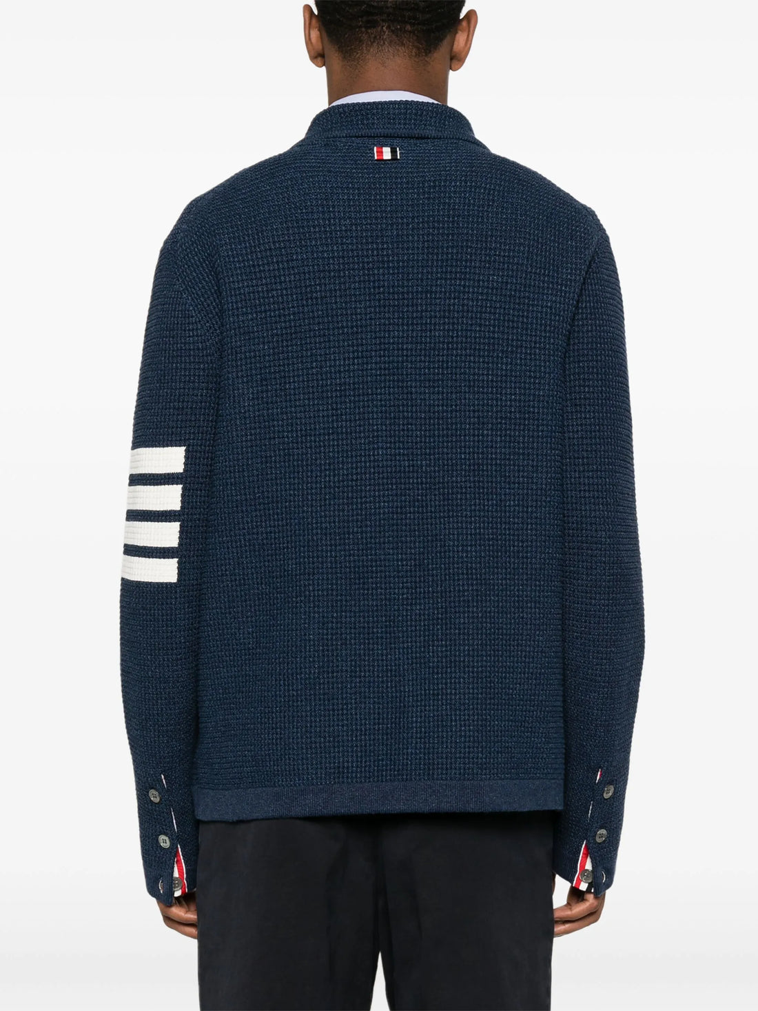 THOM BROWNE Notched Lapel 3 Stripe Cardigan Navy