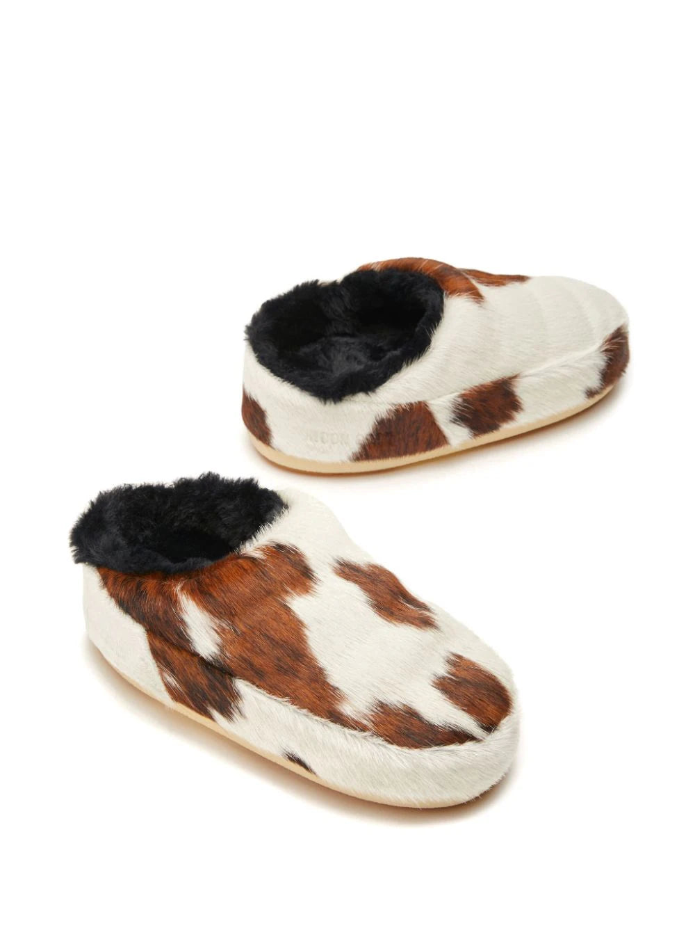 MOON BOOT UNISEX Cow Print Pony Hair Mules White Brown MAISONDEFASHION.COM